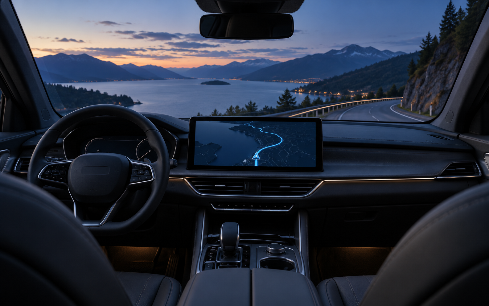 Illustrative car interior with navigation display and a mountain road view